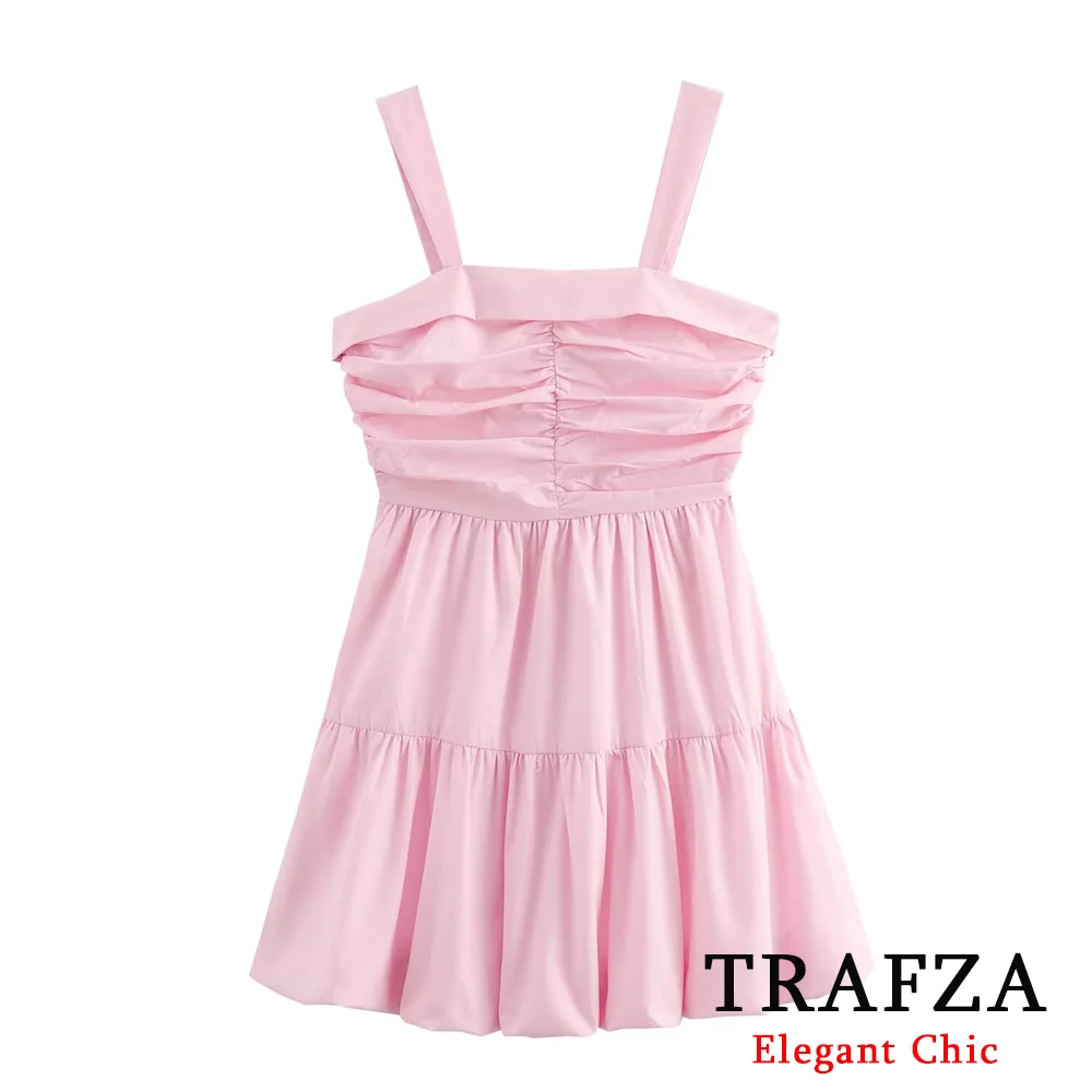 

TRAFZA Sweet Pink Mini Women Dress Fashion 2024 Summer Cami Party Pleated Zipper Dress Elegant Female Dress Beach Holiday Dress