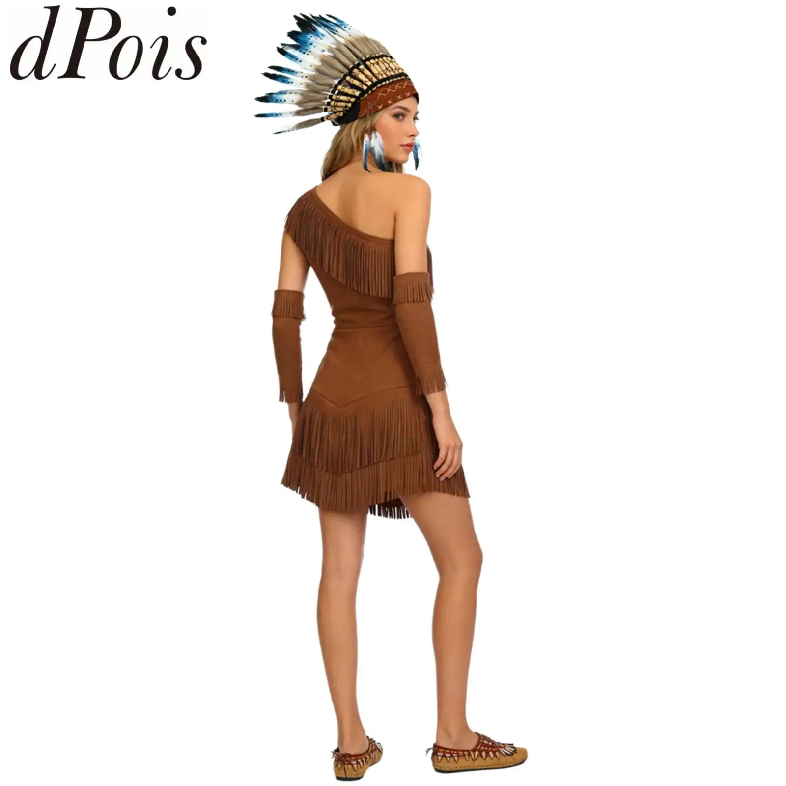 Disfraz indígena india para mujer, disfraz de Halloween salvaje, traje aborigen, cazadores, vestido con flecos, mangas, tocado de plumas de Tablita