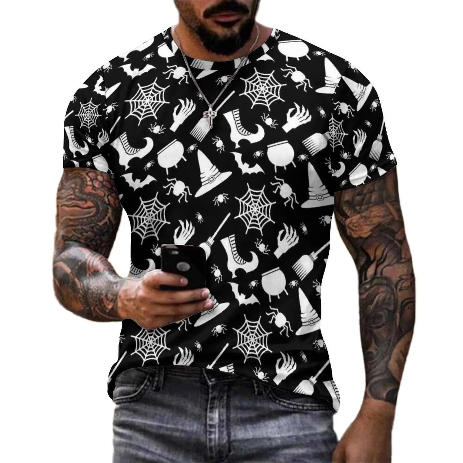 Spooky Halloween T-Shirt Witchcraft Print Trendy T Shirts Man Awesome Tee Shirt Beach Short Sleeve Custom Tops Large Size