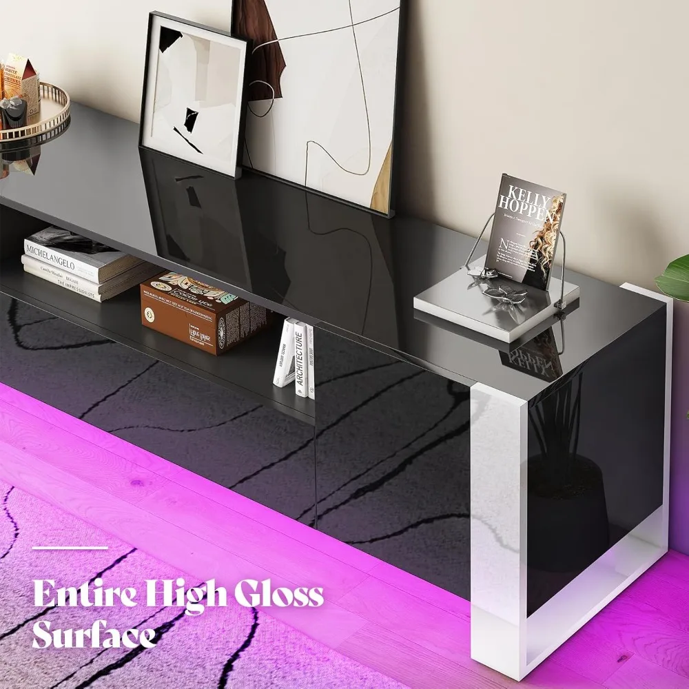 Meja TV AMERLIFE 70 inci dengan Lampu LED, Konsol TV Modern dengan Finishing High Gloss dan 2 Laci Penyimpanan untuk