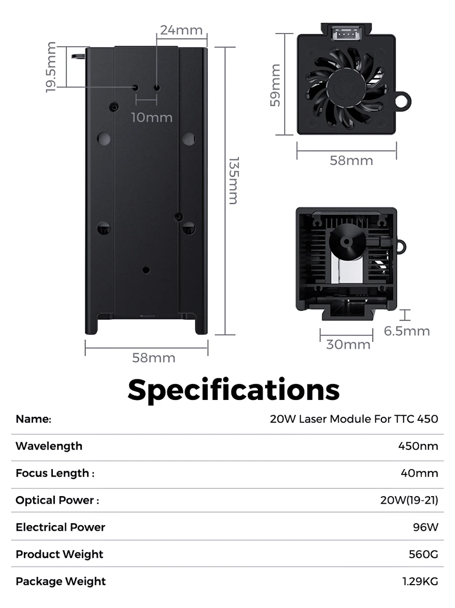 TWOTREES 20W Power 450nm Wavelength 40mm Focal Length Laser Engraving Machine Laser Module For TTC450 Laser Head