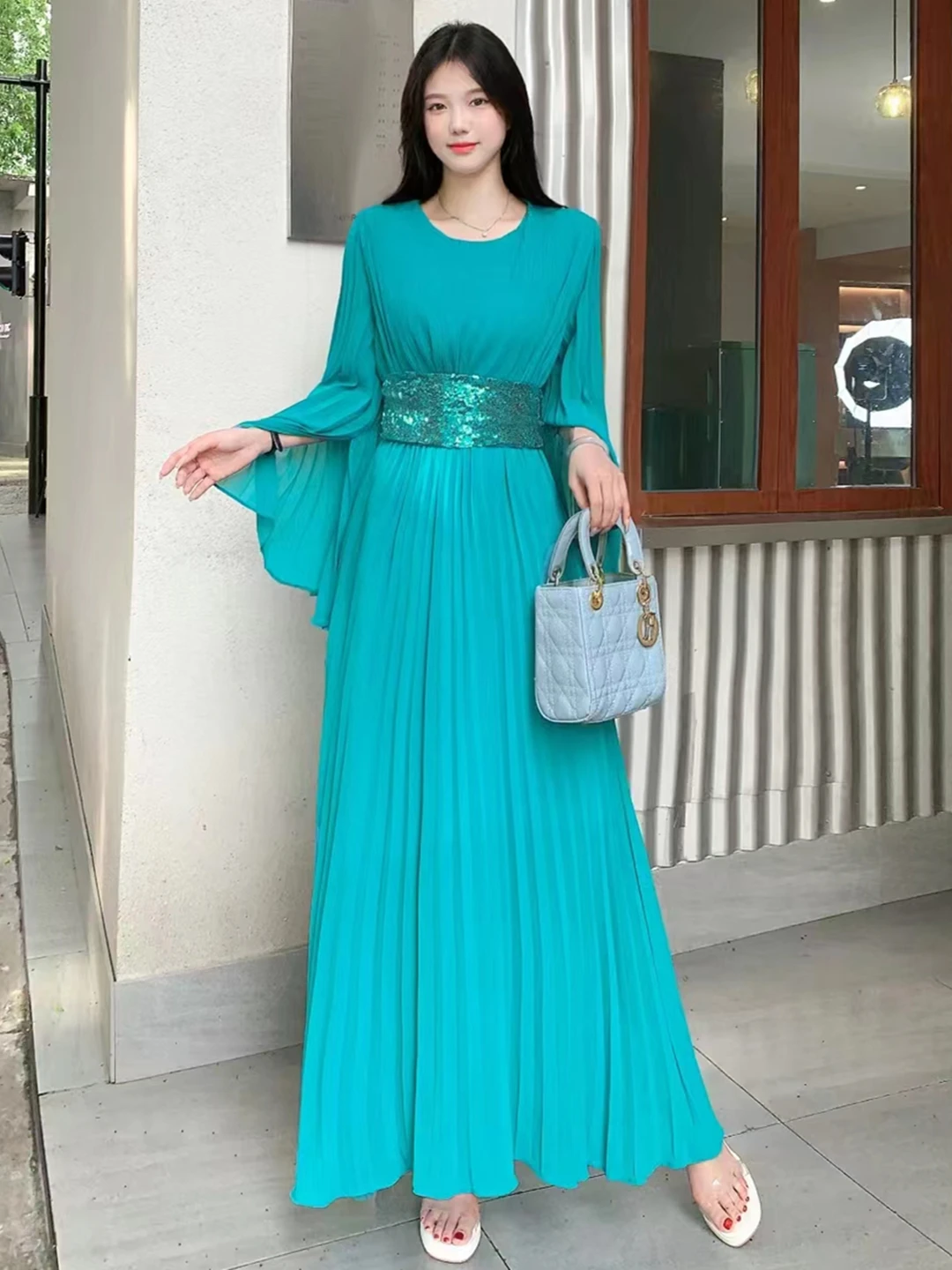

2024 New Spring Autumn Women Split Flare Long Sleeve Sashes Slim Long Dress High Quality Solid Color Pleated Chiffon Dress