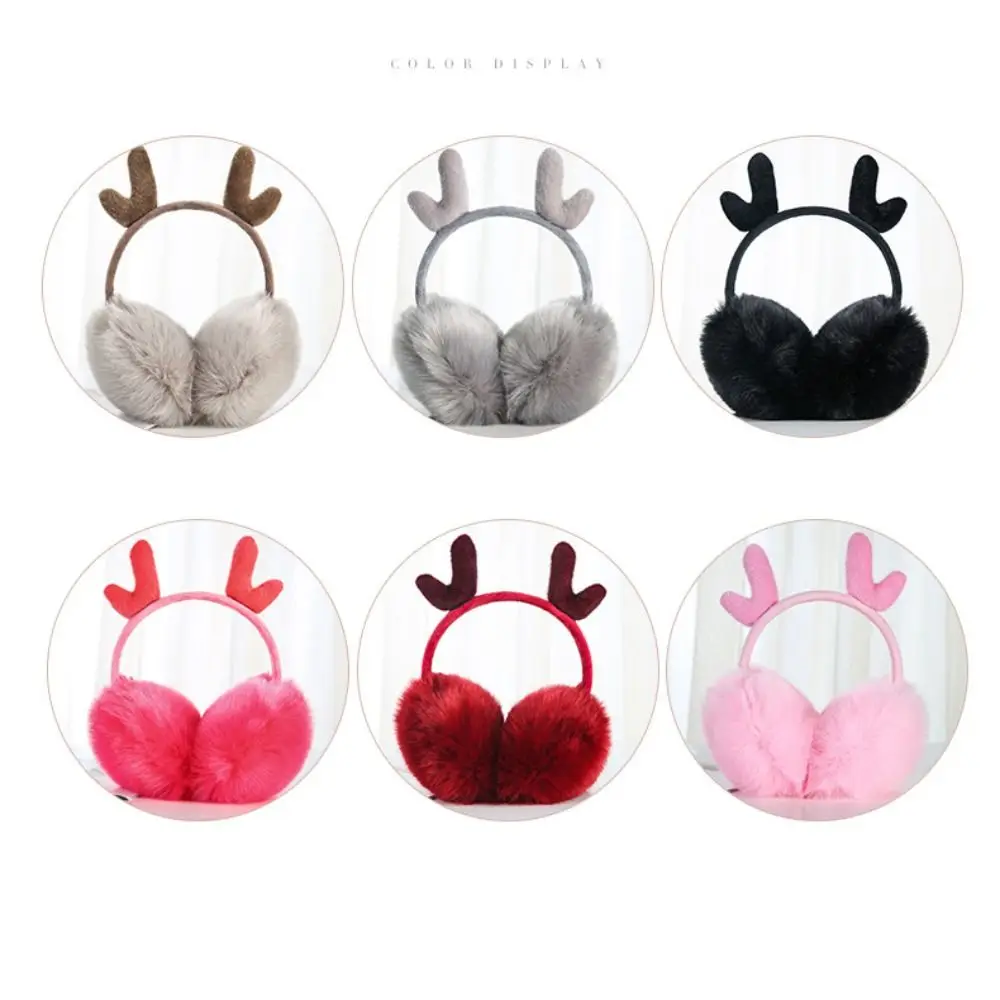 Faux Rabbit Fur Elk Horn Earmuffs Solid Color Ear Cover Winter Warm Earmuffs Ear-Muffs Soft Plush Ear Warmer