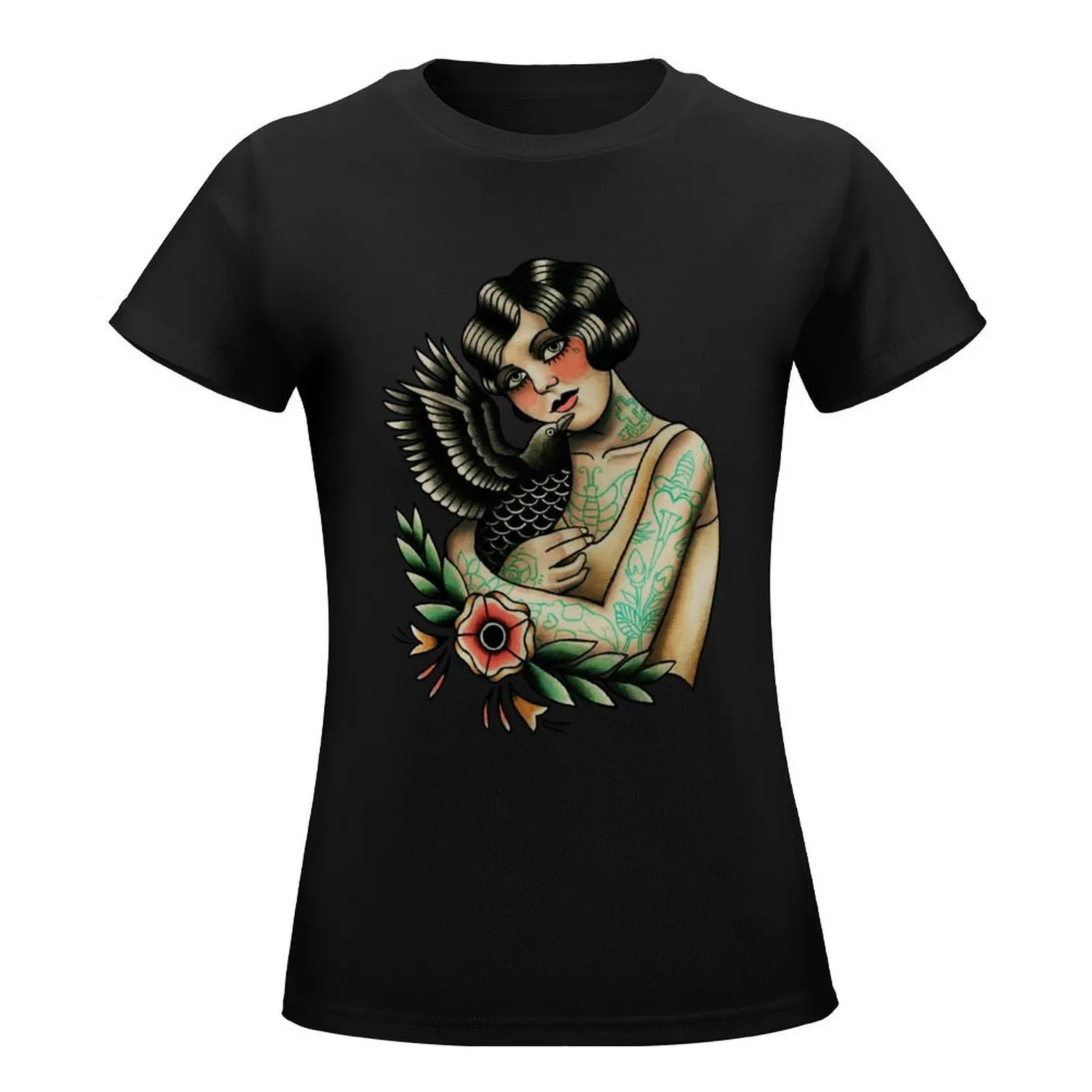 Woman With A Crow Tattoo T-Shirt blacks funny Summer Women's clothing