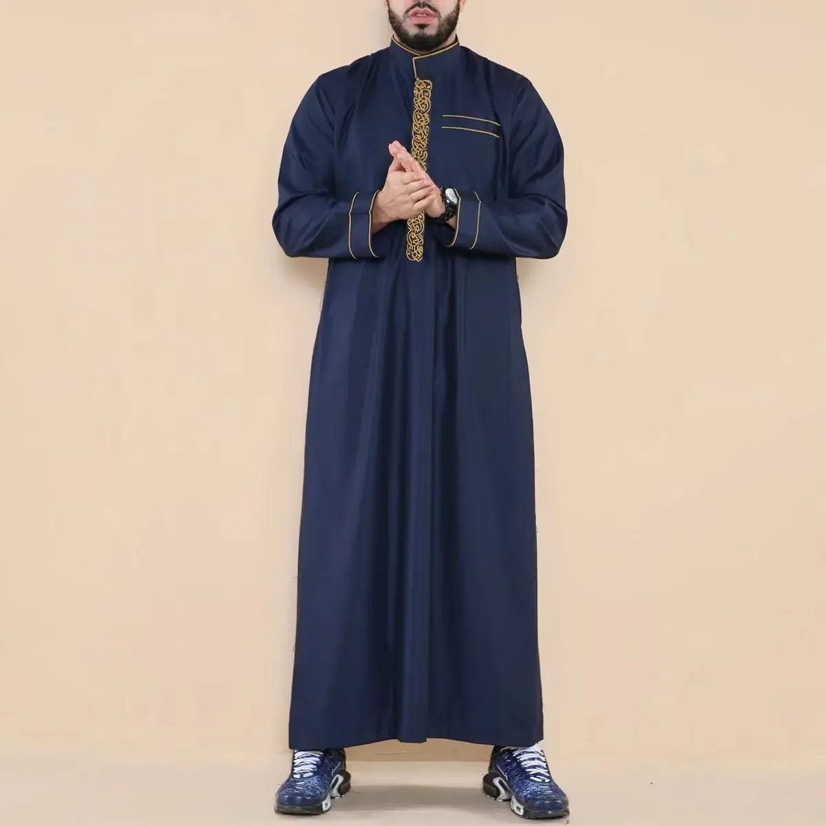 Arabic Robe Muslim Men's Thobe Prayer Dress Festive Clothes Stand Collar Long Sleeve Embroidered Ethnic Style Islamic Clothing