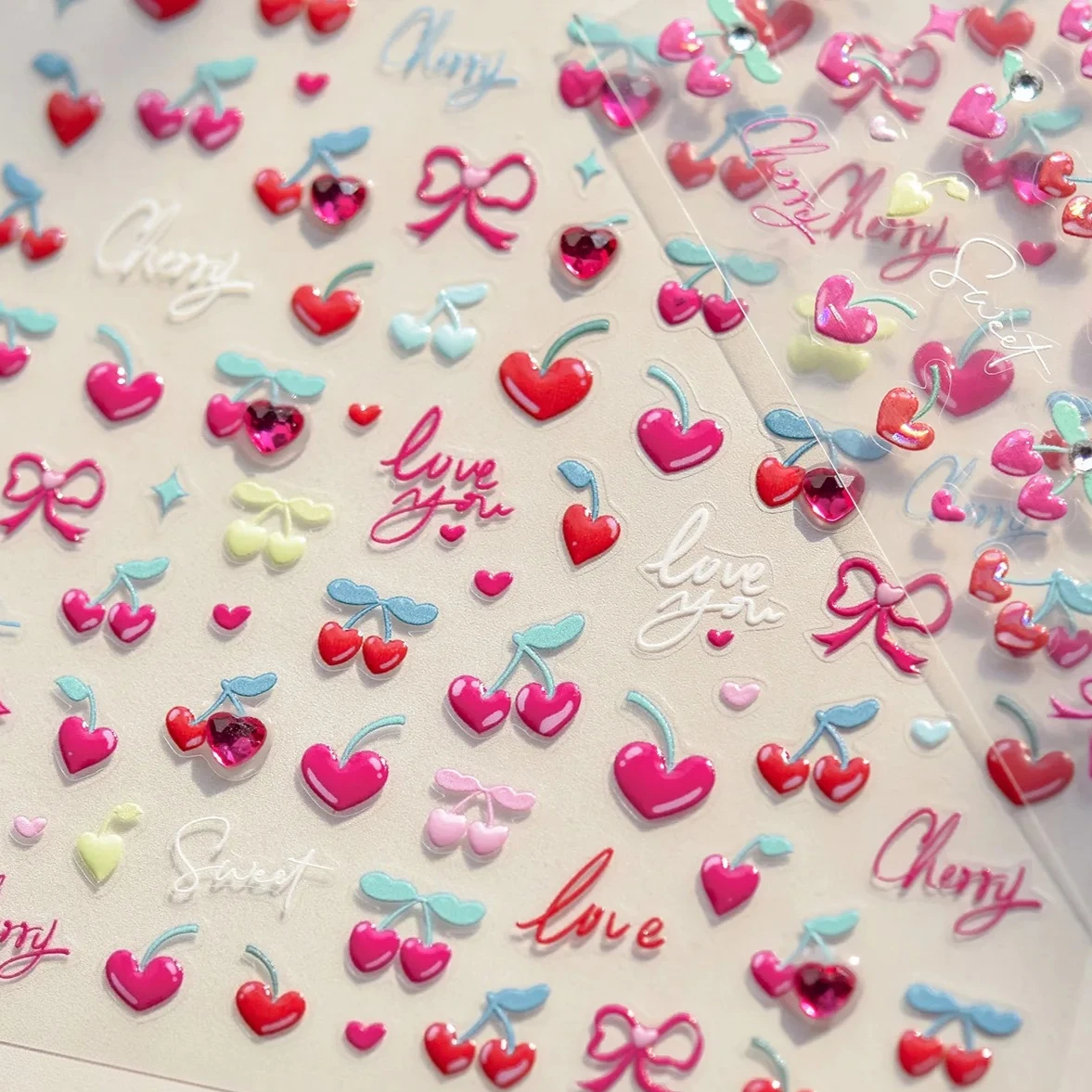 Rose Red Cherry Red Love Heart Crystal Cute Bowknot Shiny Rhinestones Colorful Glitter Powder Nail Art Stickers Manicure Decals