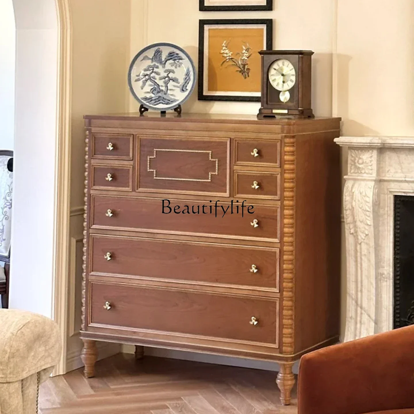 

LJYAmerican solid wood art sense living room cabinet French retro carved sofa next to storage locker