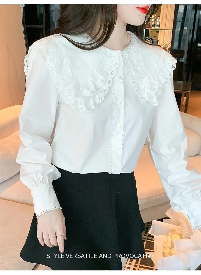 Doll collar lace shirt women\'s new design white shirt stylish small shirt French top