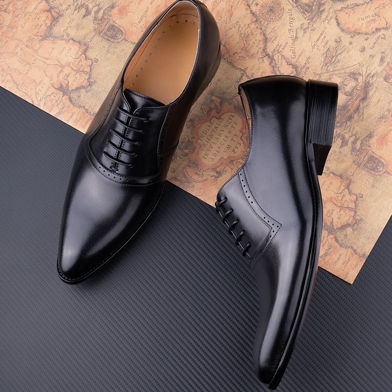 

High Grade Cowhide Leather Men's Shoes Pointed Toe Stylish Office Business Fashion Dress Formal Lace-Up Genuine Leather Shoe New