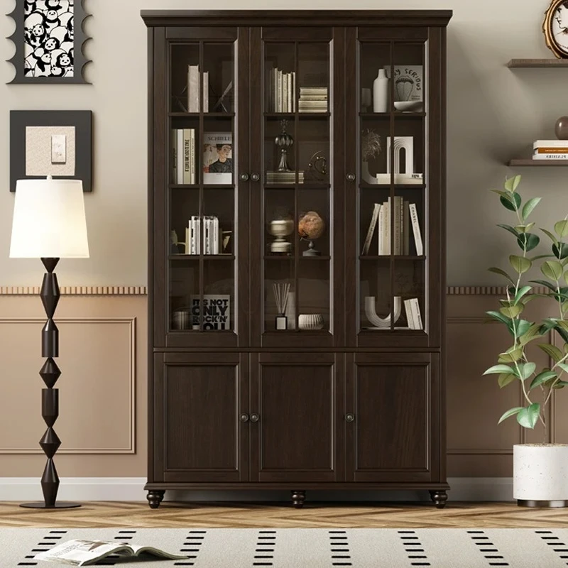 

Книжный шкаф от пола до потолка из цельного дерева, книжный шкаф в стиле ретро для небольшой квартиры со стеклянной дверью для домашнего использования