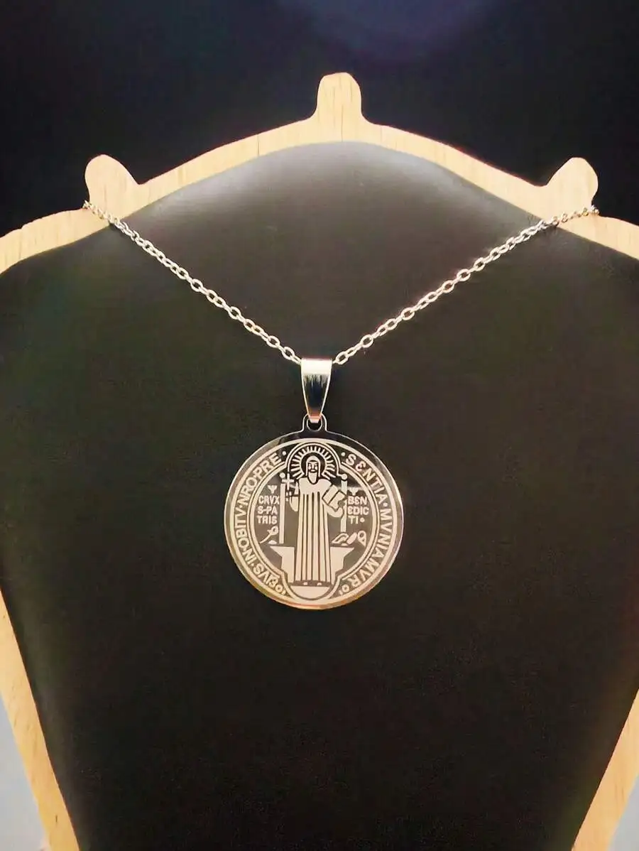 Stainless Steel Saint Benedict Medal Pendant Necklace For Protection Daily Wear Gift