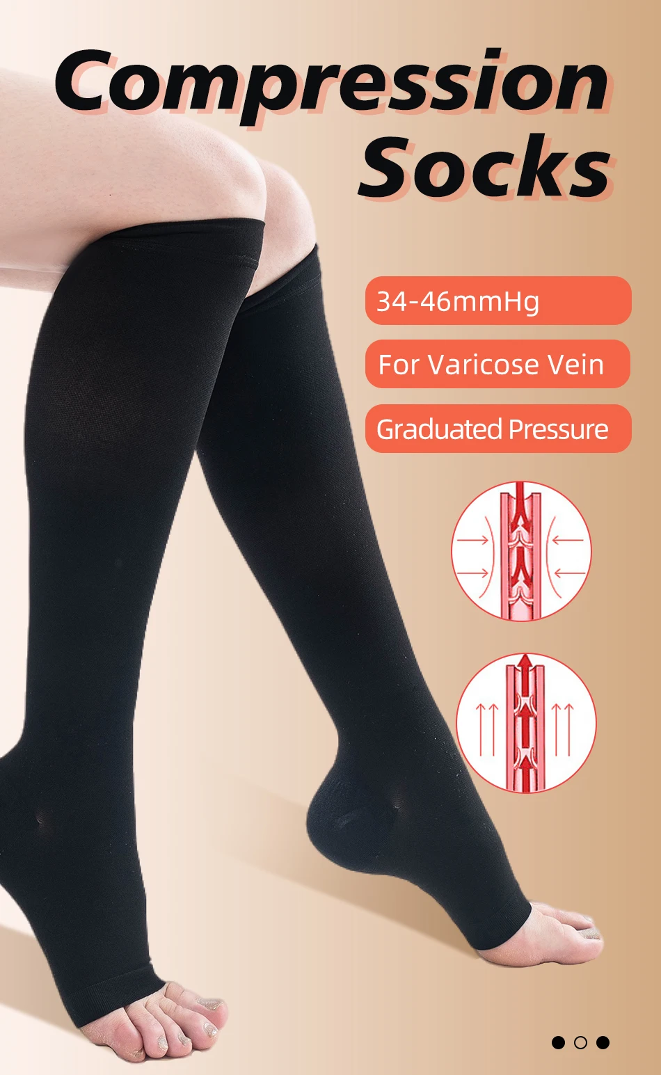 Legbeauty Medizinische kniehohe Kompressionsstrümpfe mit offenem Zehenbereich, Klasse 3, 30–40 mmHg, Wadenstützsocken in Übergröße, abgestufter Druck – Detail 1
