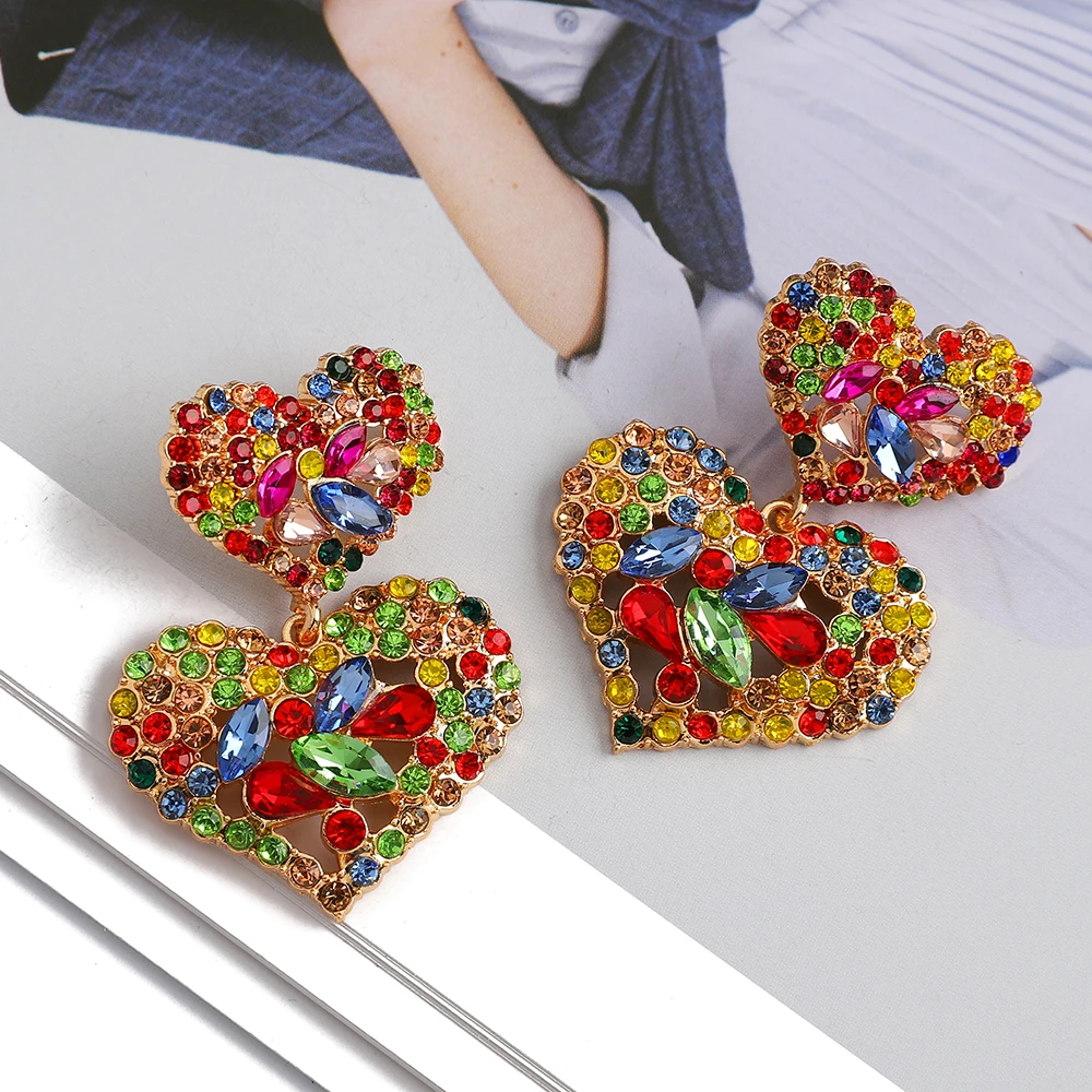 

Elegant Sweet Modern Double Heart Dangle Earrings For Women Girl Luxury Vintage Full Crystal Ear Accessories Fashion Jewelry