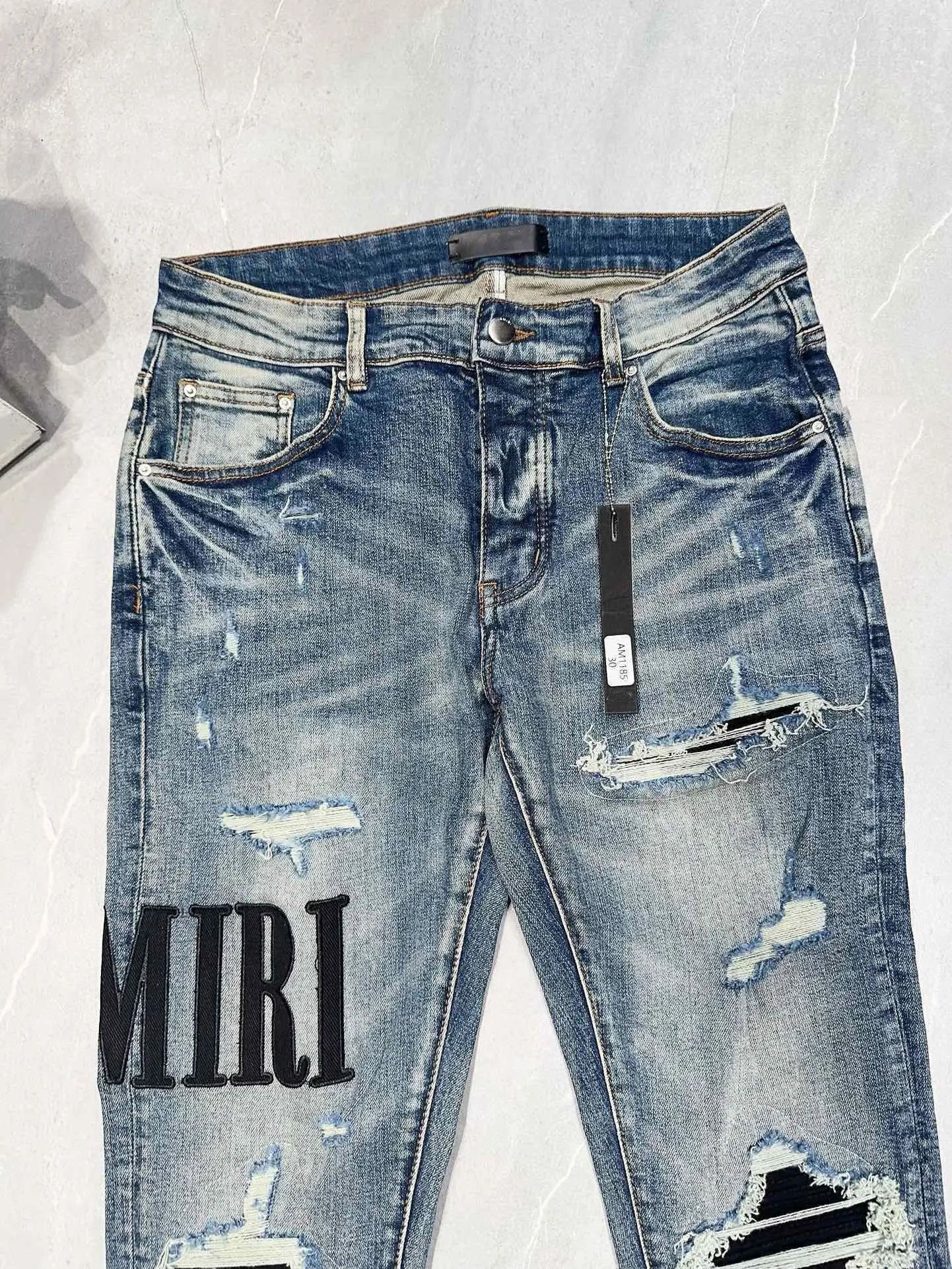 Trendy New Designer Jeans Men Letters Patchworks Pants Ripped Washed Stretchy Trousers Male