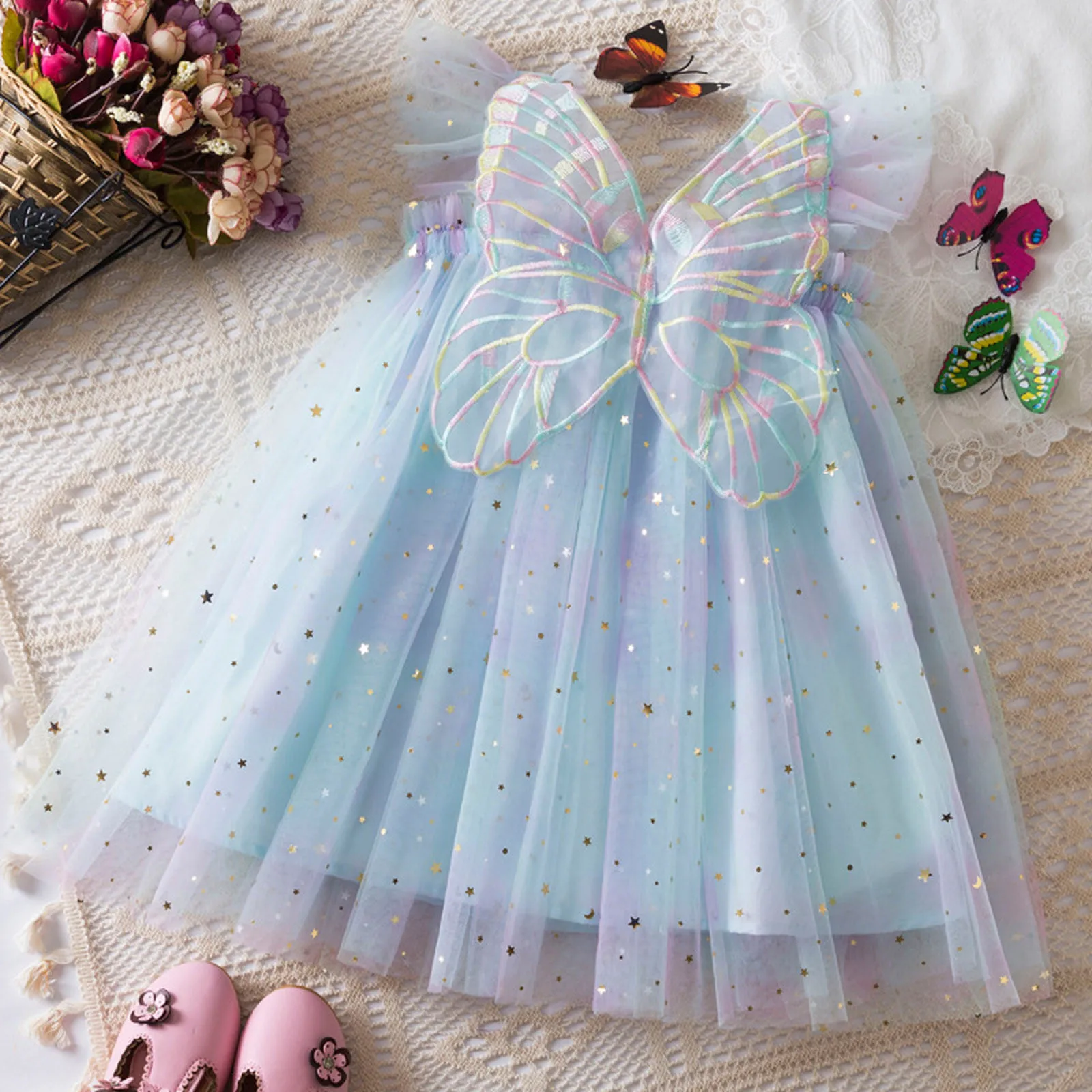 Baby Dresses for 1-5 Yrs Suspender Kids Mesh Summer Dress with Butterfly Wings Little Girls Birthday Cute Princess Dress 2025