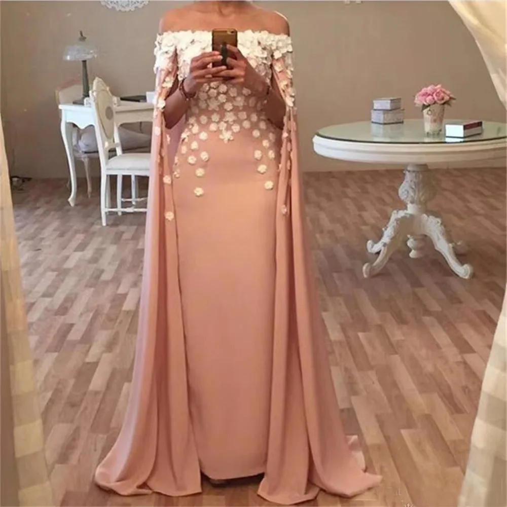 Formal Appliques Cap Long Sleeve Evening Dress Boat Neck Sweep Train Satin Prom Dress Special Event  Luxury Dubai Women Gowns