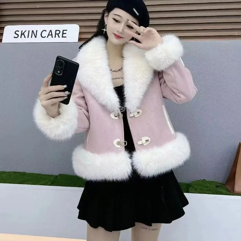 Fighting Against Mao Mao To Overcome Women's Short Overcoat Fashion Loose Imitation Fox Fur Collar Jacket 2023 New Autumn Winter