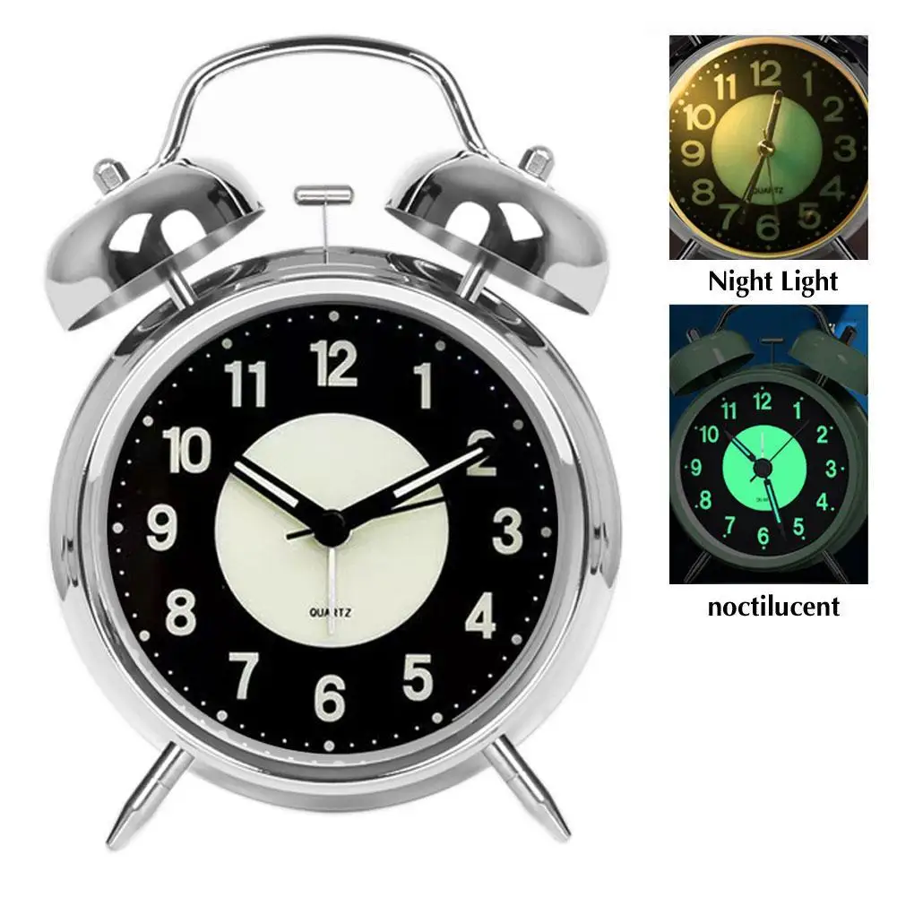 

Metal Alarm Clock 4 Inch Retro Silver Twin Bell Alarm Silent Battery Operated Clock With Night Light for Heavy Sleepers