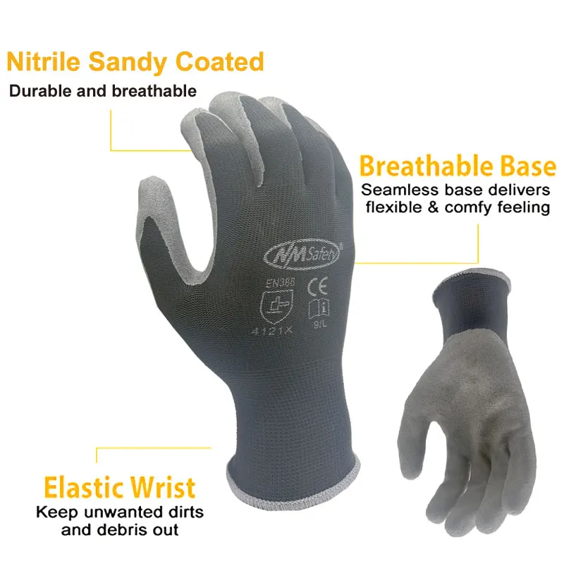 24Pcs/12Pairs Sandy Nitrile Rubber Coated Polyester Palm Safety Working Gloves High Quality Protective for Men And Women