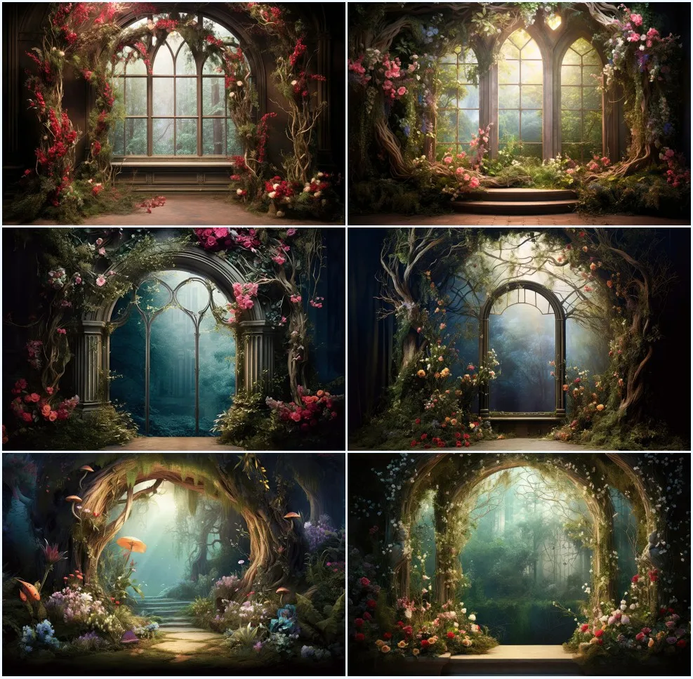 Mehofond Fairy-tale Forest Arched Flowers Door Landscape Women Girl Portrait Photography Background Photo Studio Photocall Props