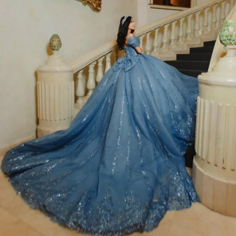 فساتين Quinceanera لامعة باللون الأزرق البحري قبالة الكتف مزين بالترتر والدانتيل مطرز بالكريستال تول حفلة عيد ميلاد حلو 16 فستان #3