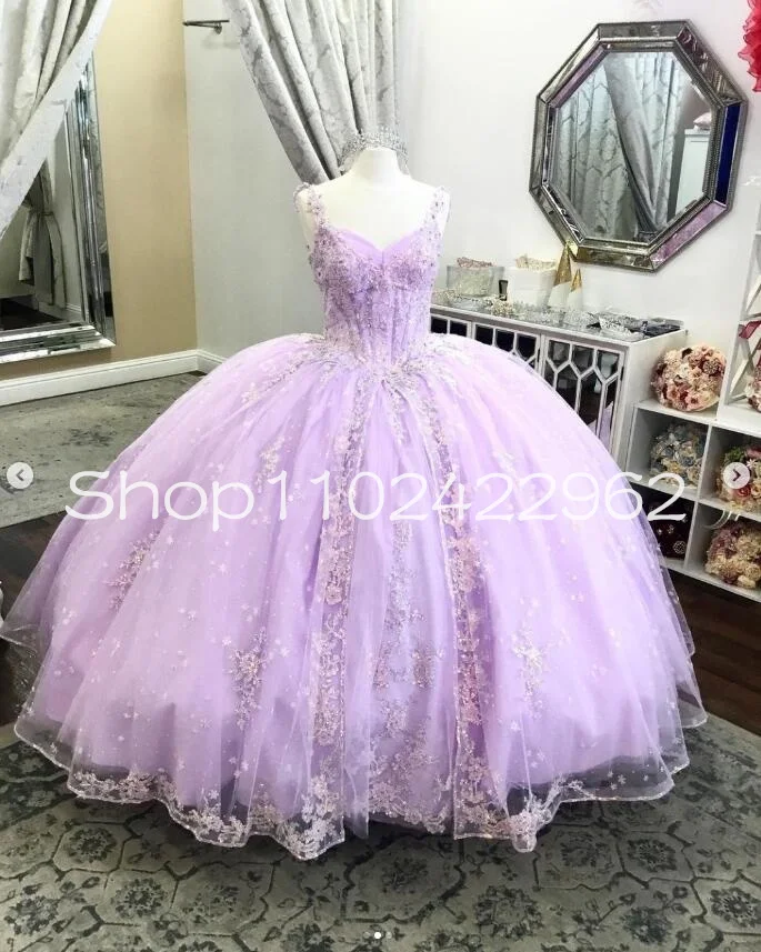 Vestidos de Quinceañera de princesa lavanda Lila, apliques de perlas de Gillter, falda hinchada, corsé con cordones, vestido de graduación de xv años, negro