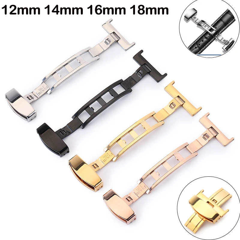 12mm 14mm 16mm 18mm aço inoxidável sólido duplo botão dobrável relógio fivela borboleta implantação fecho pulseira de relógio