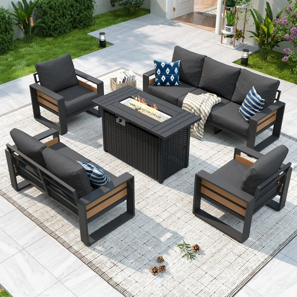 Aluminum Outdoor Sectional Sofa with Fire Pit Table, 5 Piece Patio Furniture with 6