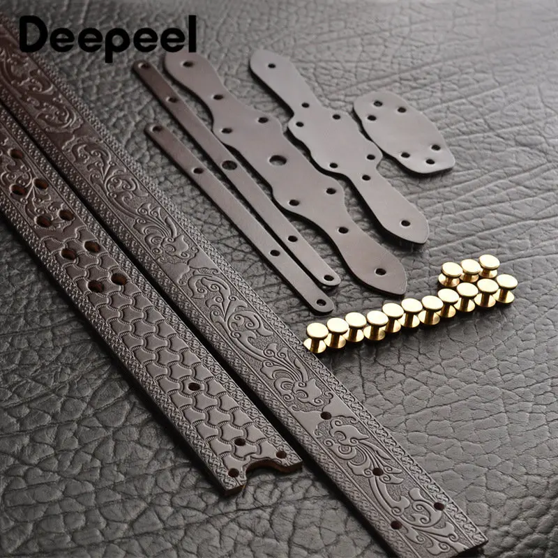 1Pc Deepeel3.8cm Pure Cowhide Men\'s Belts Copper Screws Buckle for Embossed Genuine Leather Waistband Male Retro Belt with Jeans