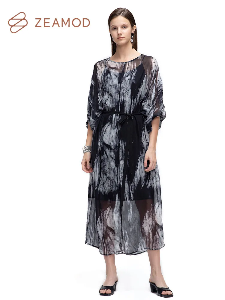 ZEAMOD 2024 Fashion Women Chinese style lady splash ink crew neck women dress