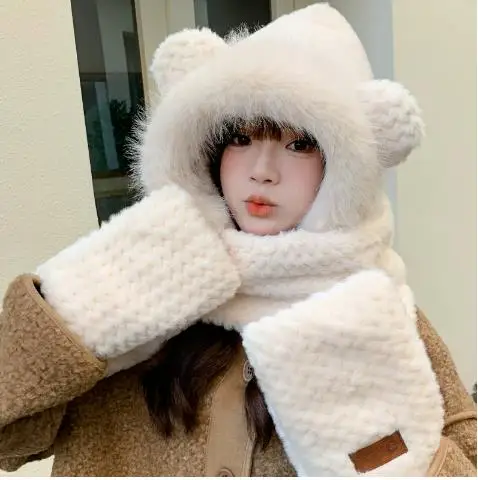 Cute Rabbit Ear Plush Beanie Hat Scarf Set Women Camel Fluffy Fleece Animal Hood Amazon.com: 3 in 1 Cute Bunny Ears Hat Scarf Gloves Set  main image 2