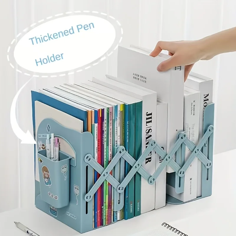 Retractable Bookends with Pen Holder Foldable Adjustable Desktop Book Stand Integrated Desk Book Storage Organizer