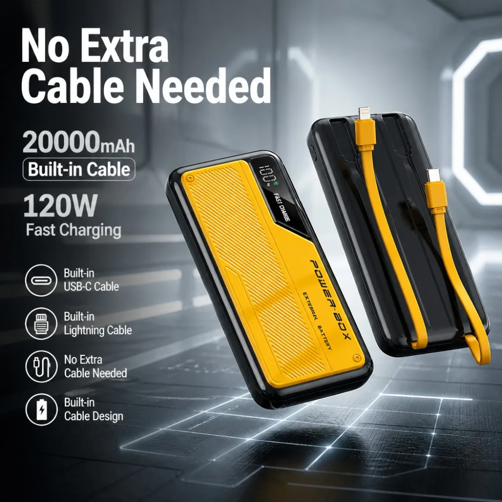 20000mAh Power Bank Built-in Cable, 120W Fast Charge Portable Charger, PD QC Battery for iPhone/Samsung, USB C Travel Camping