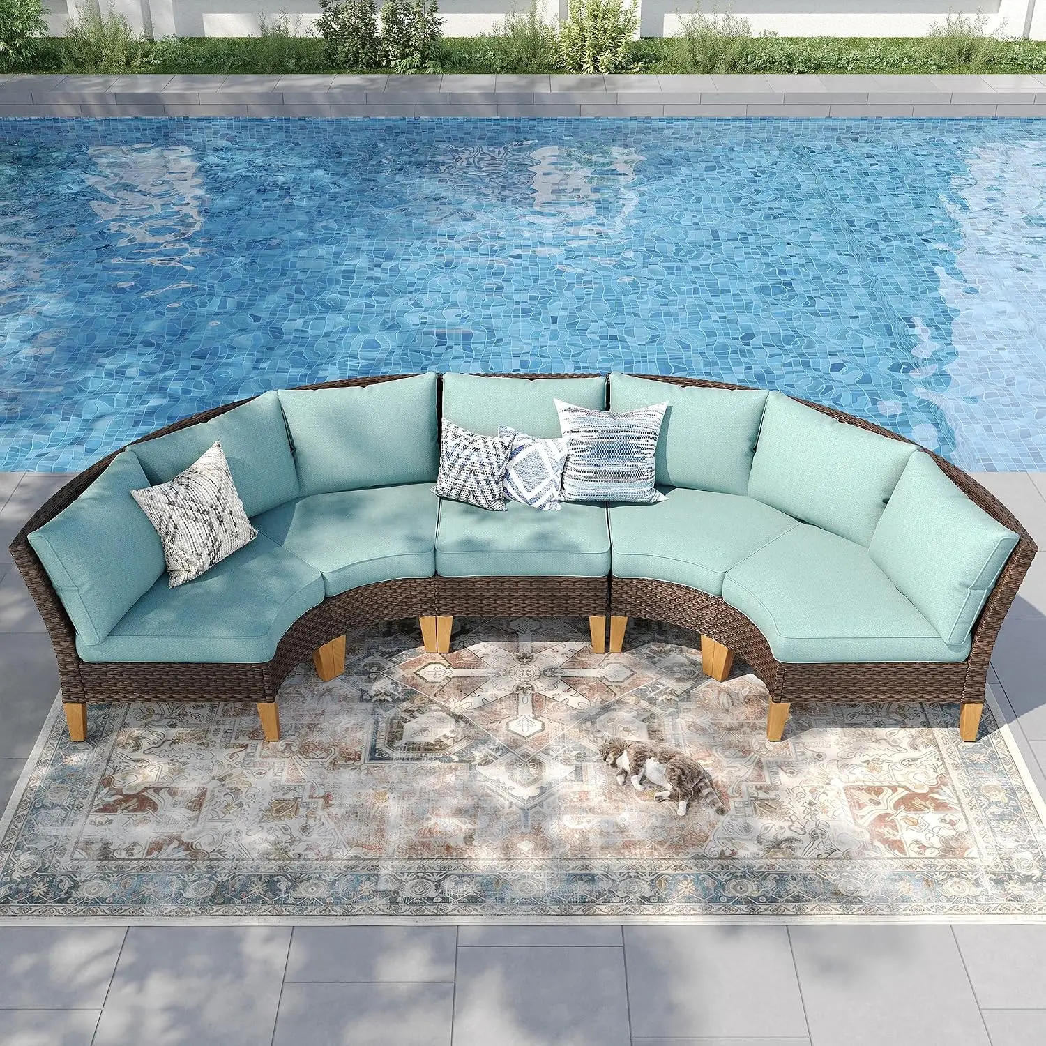Half Moon Rattan Patio Sectional Sofa Set, Aqua Blue, Customized