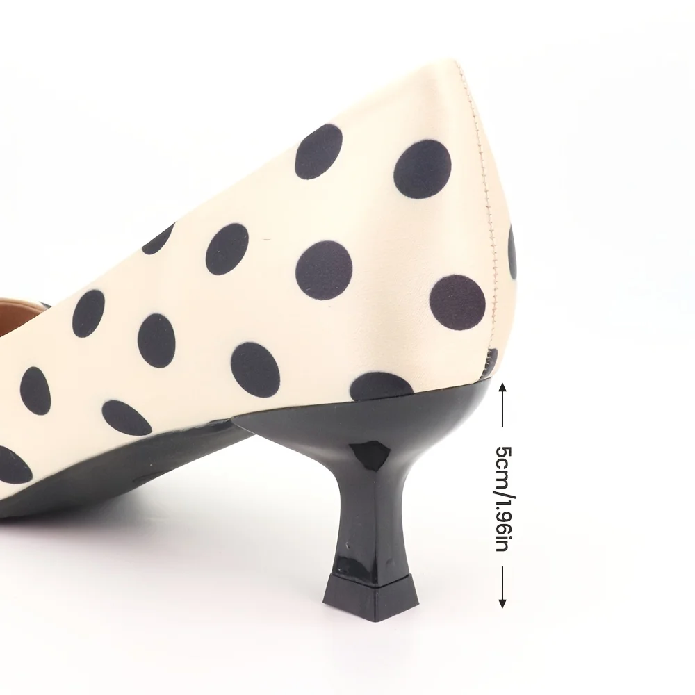 Black & White Polka Dot Heels – Classic Retro Pumps with Bold Pattern, White Faux Leather, Statement Heels for Party & Date