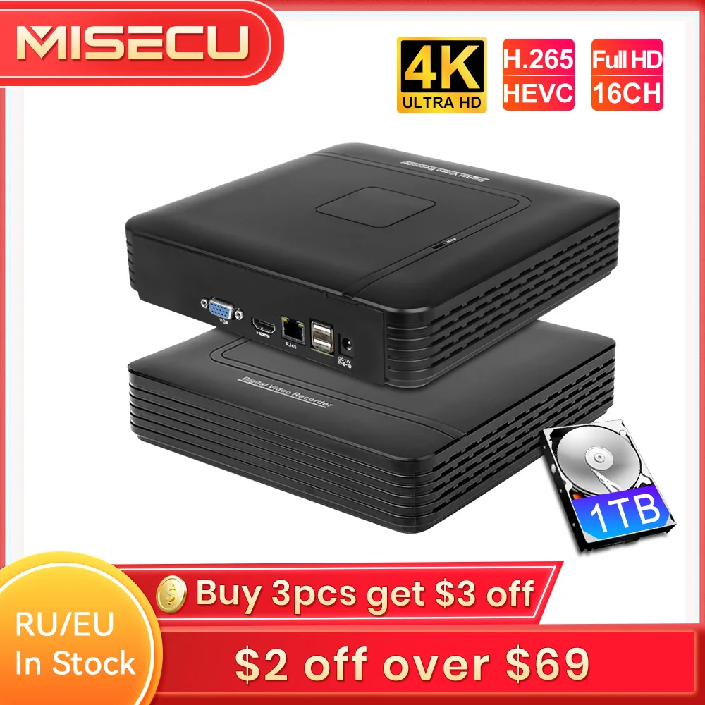 MISECU H.265+ Mini CCTV NVR 16CH Full HD 8MP 4K/5M/4M/3M/1080P Video Recorder Motion Detect P2P For IP Camera Security System