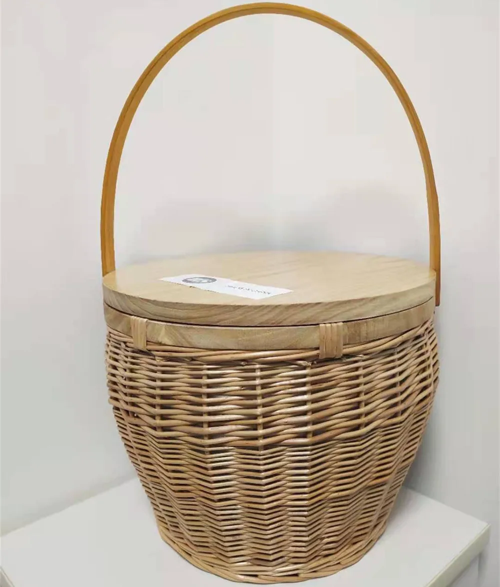 Insulated Wicker Picnic Basket with Movable Wooden Lid, Cooler Bag, Factory Dropshipping, Fashion