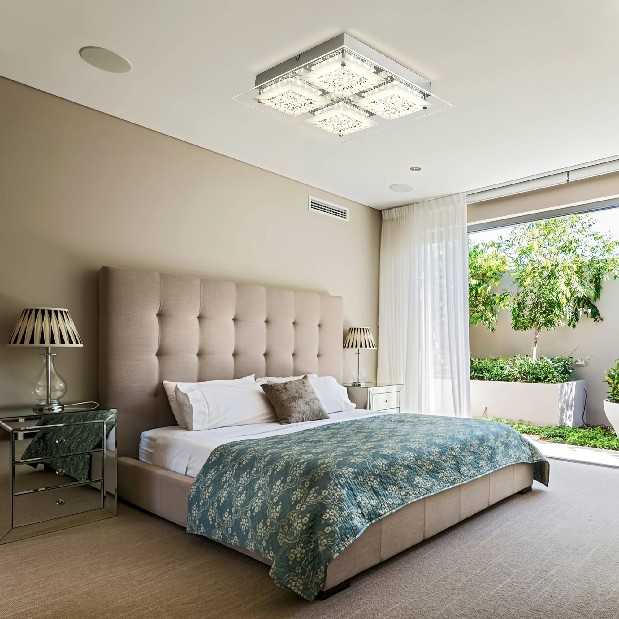 โคมไฟเพดานคริสตัลฟลัชเมาท์ 14 นิ้ว โคมไฟเพดานคริสตัล โคมไฟคริสตัลสี่เหลี่ยม โคมไฟคริสตัลติดเพดาน