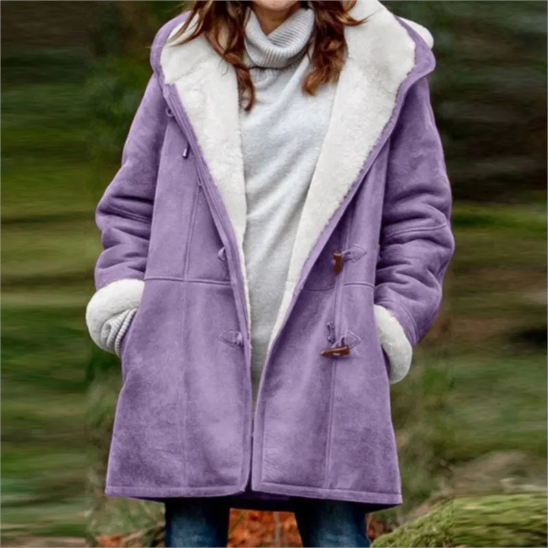 Women's Fleece Lined Cow Horn Buckle Hooded Jacket Winter Vintage Fashion Long Sleeve Single-breasted Solid Color Outerwears