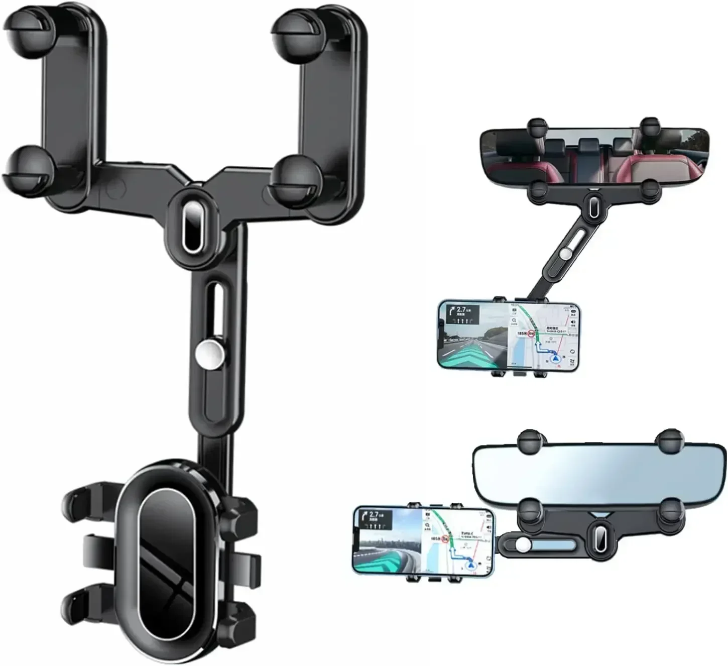 Soporte de teléfono móvil para espejo retrovisor de coche, rotación de 360 °, telescópico ajustable, multifuncional