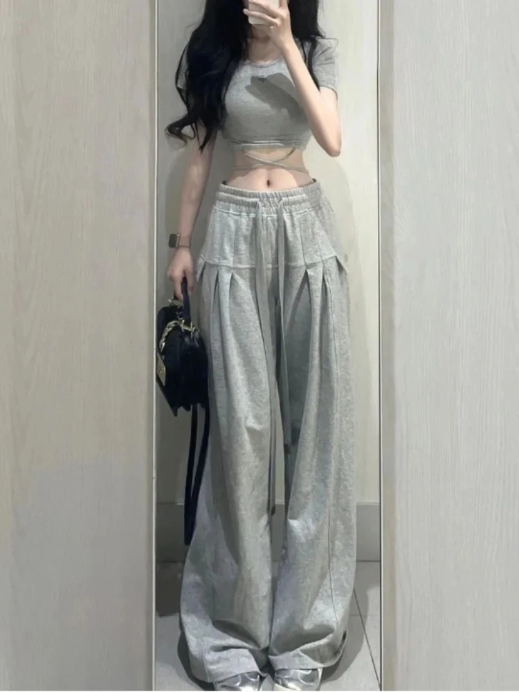 

Комплекты из 2 предметов: 2024 Летний повседневный укороченный топ Y2k + свободные брюки Спортивная одежда Японская мода Костюмы Шикарная верхняя одежда Футболки Блузка