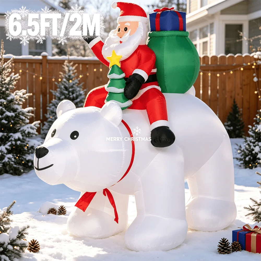 6.5FT/2M Xmas Inflatable Model Toy Santa Claus Riding Polar Bear Small Star Tree Gift Box with LED Light Front Door Decor