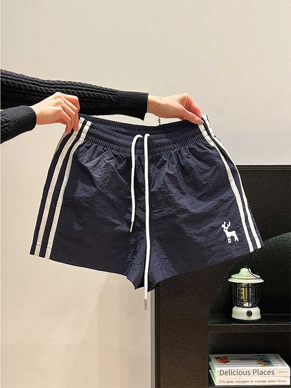 American Retro Color Block Three Bars Drawstring Deer Print Sports Shorts Women's High Waist Slimming Casual Pants