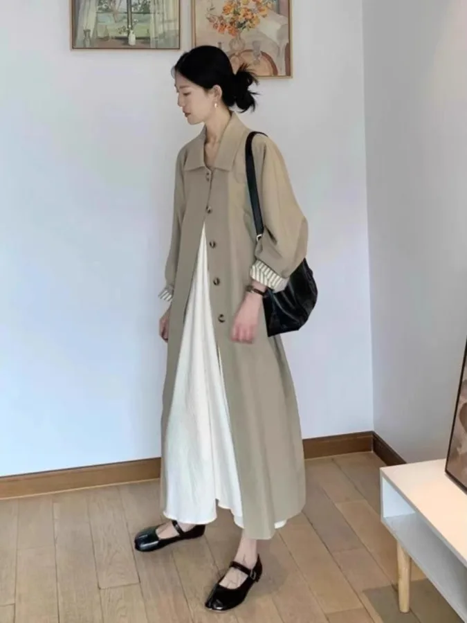 Khaki Color Women's Coat Casual British Style Spring Autumn Mid-Length Jacket Coat Thickened Long Sleeve Loose Fit Style