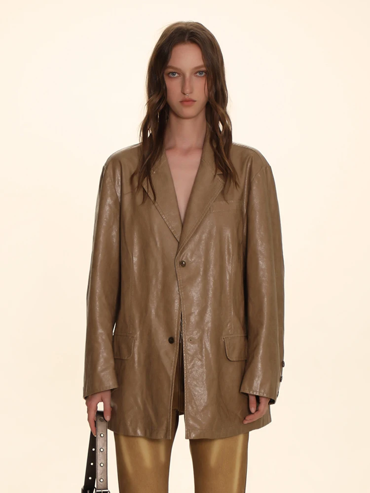 DNT Silhouette retrò Abito in PU di colore puro Jaet in pelle testurizzata Jaet New Sle Coreano Fuoco Fuoco Faion Capispalla