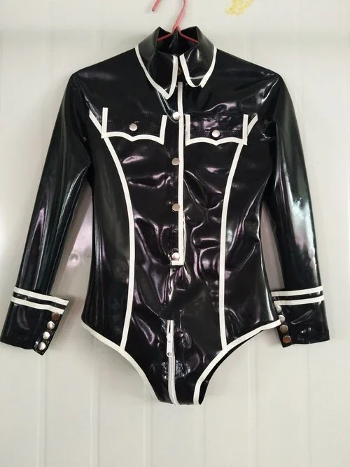 Hot Sale Latex Catsuit 100% Rubber Swim Suit Crotch Zipper Black Button Bodysuit 0.4mm Size S-XXL