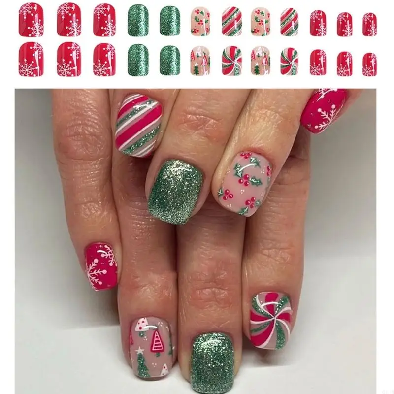 Q1FB Christmas Tree Press on Nails Glossy Green Glitters Stick on Nails Acrylic False Nails 24Pcs Short Square False Nail