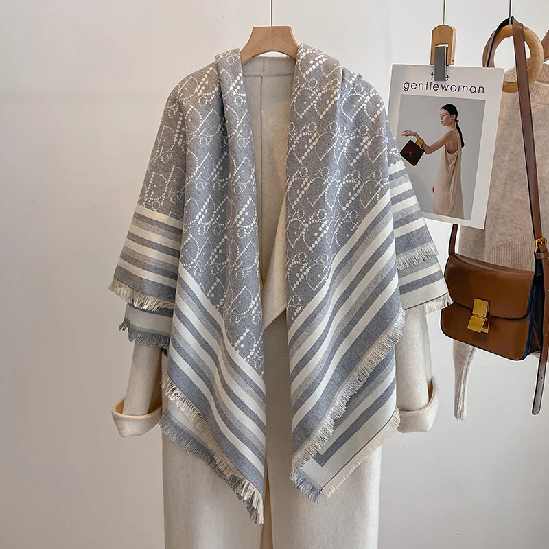 Elegante listrado design cachecol imitação de caxemira macio quente versátil xale à prova de frio à prova de vento cobertor cachecol para outono inverno