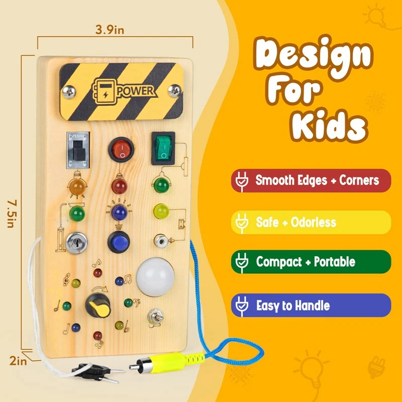 Montessori Placa ocupada de madeira com luz LED, brinquedos educativos sensoriais para crianças, Toggle Switch Toy, venda quente, 1-3Y