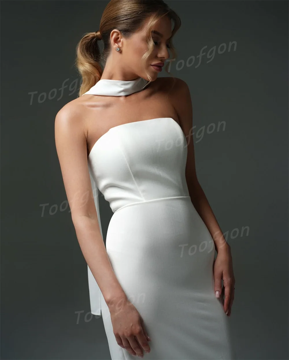 Toofgon Simple Strapless Mermaid Wedding Dresses Customized Elastic Satin Mid Bride Gown Shawl Backless Wedding Party Dress